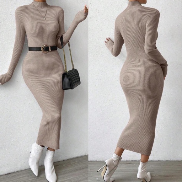 Sexy mock neck ribbed long sleeve bodycon fitted maxi sweater dress - Picture 11 of 16